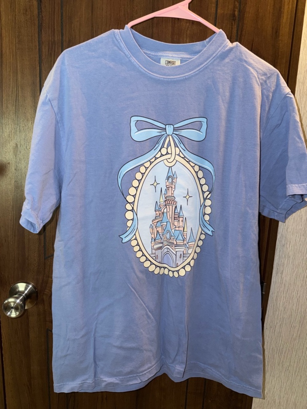 Comfort Colors |  denim Castle Graphic Tee with Blue Bow, size L